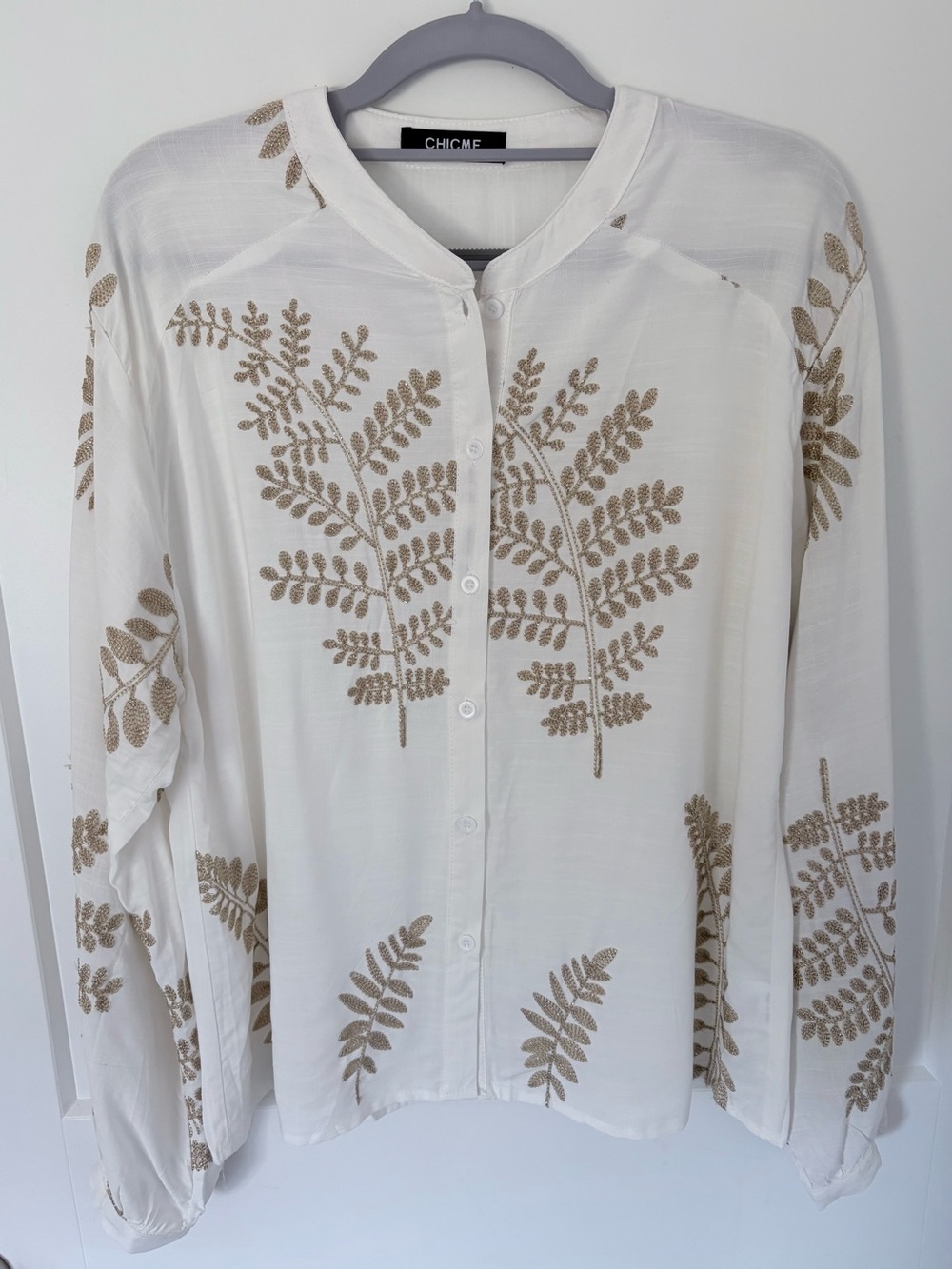CHICME Cream Button-Down Shirt with Golden Fern Embroidery - New!